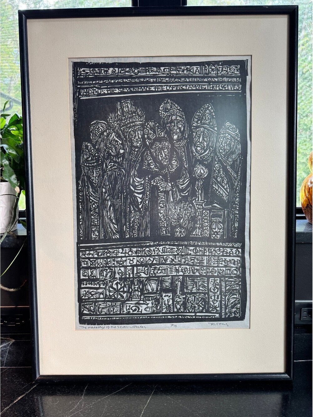 Rare R. Charlie Lyons Original Woodcut Print – The Marriage of the Seven Witches